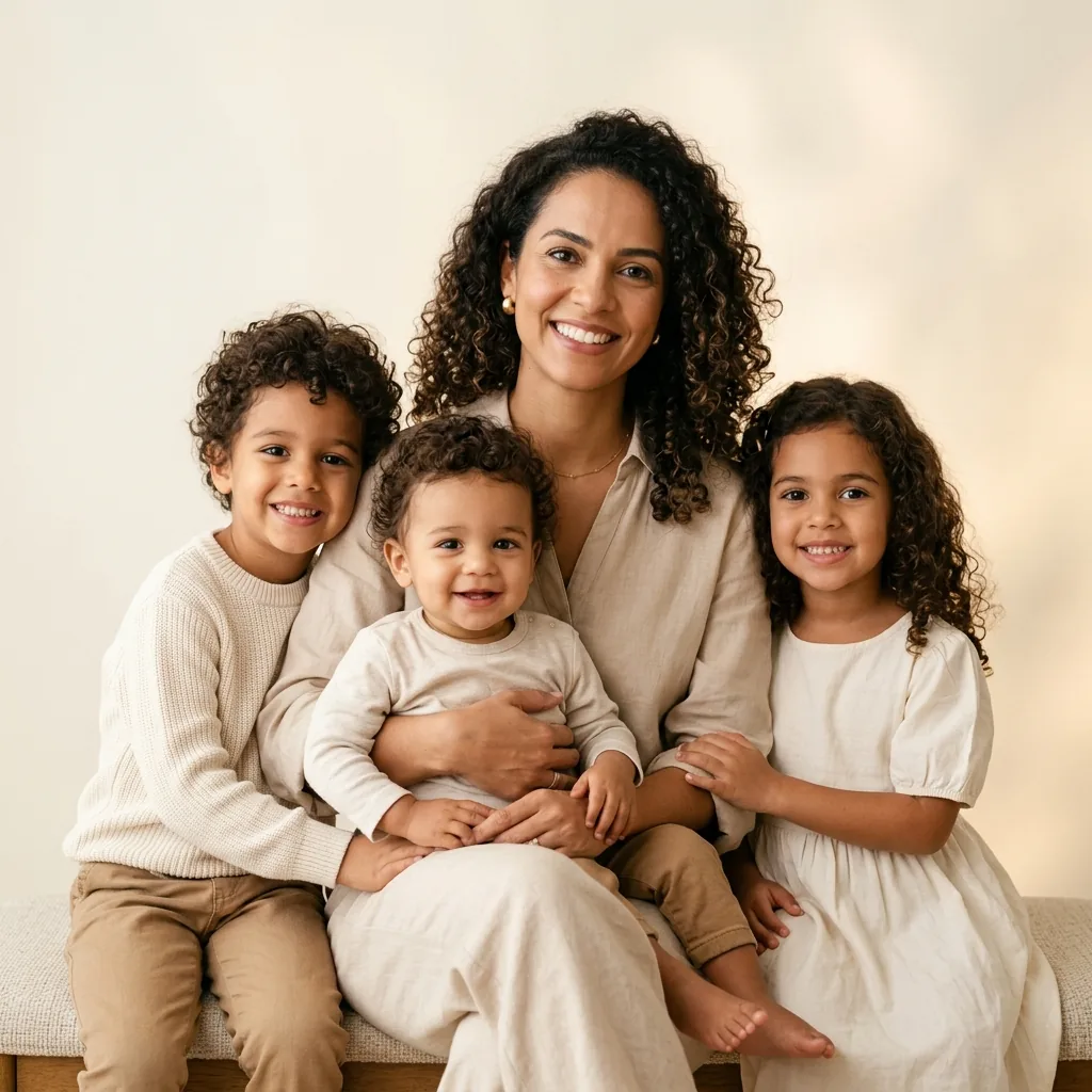 Mariana com seus três filhos Theo, Luna e Bento